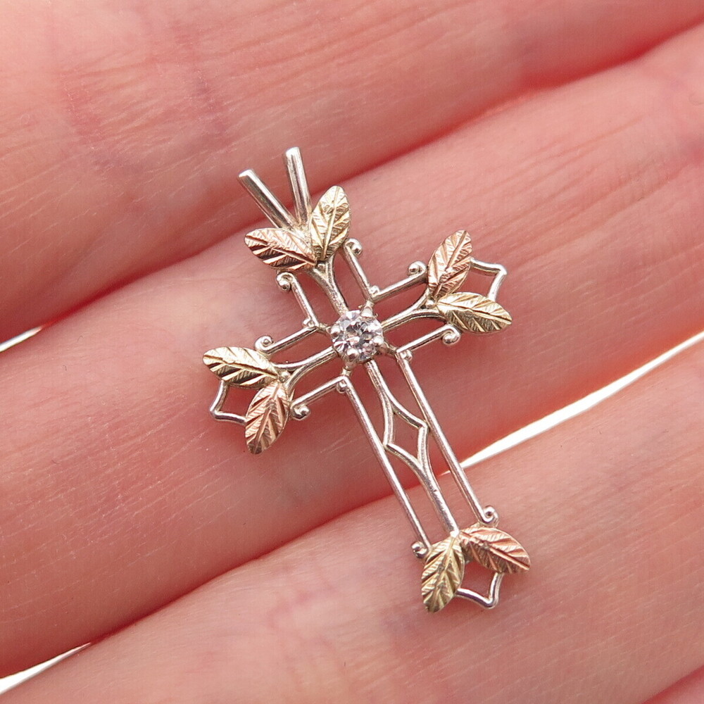 COLEMAN Sterling Silver 12K Rose & Yellow Gold Vintage C Z Floral Cross Pendant